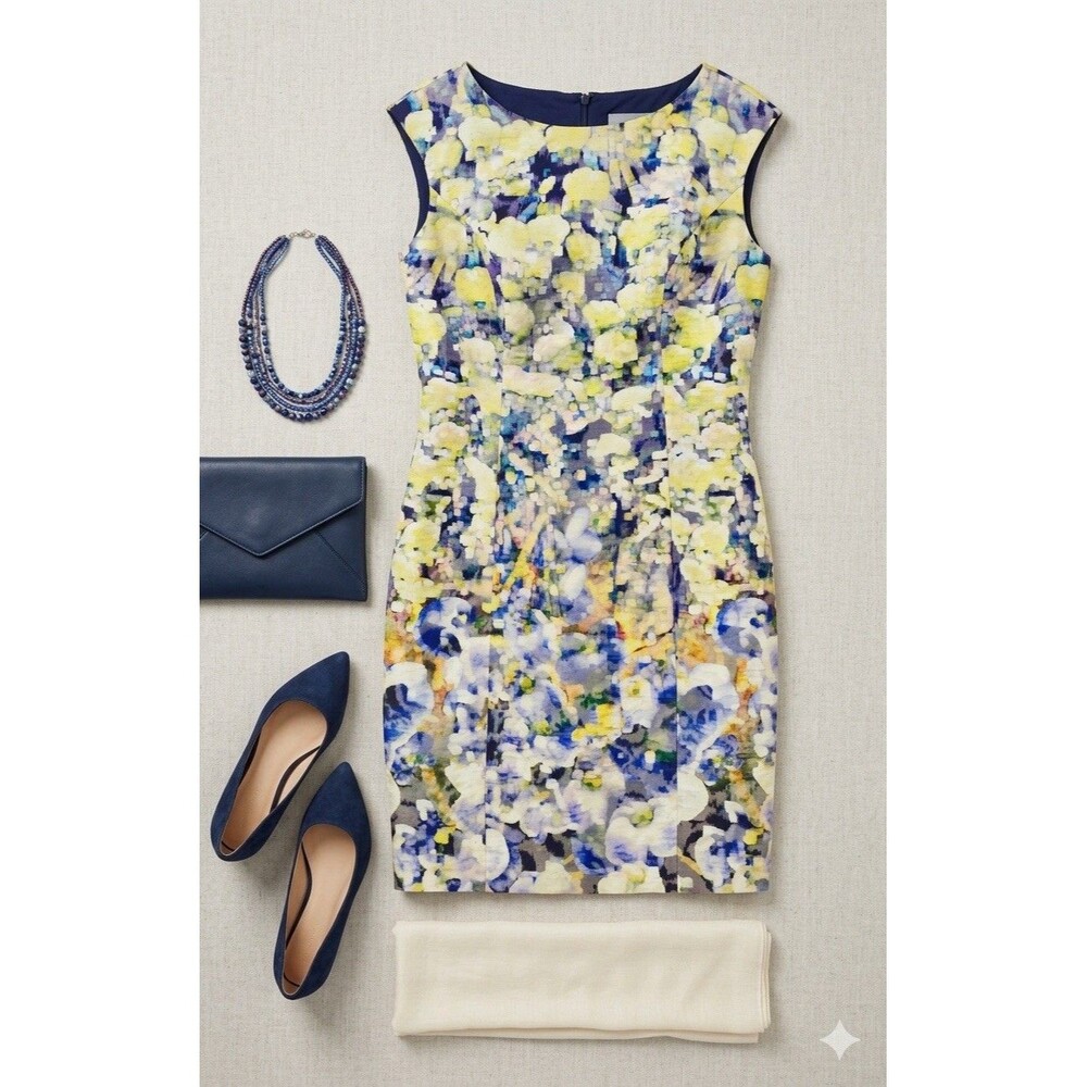Kay Unger New York Floral Sheath Dress Size 8 Impressionist Monet Art Style Flor